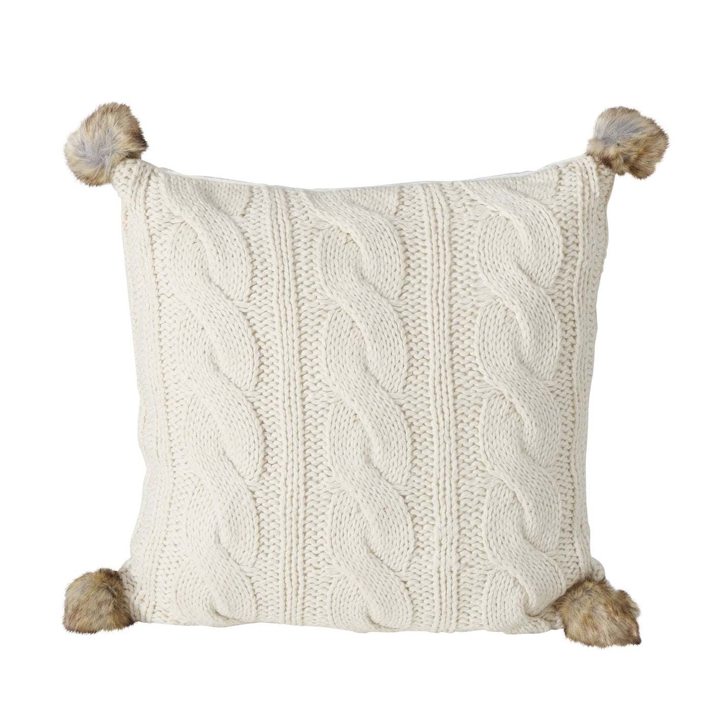 Strickkissen cremeweiß „Edda" mit Zopfmuster und Fellbommeln, 45×45 cm