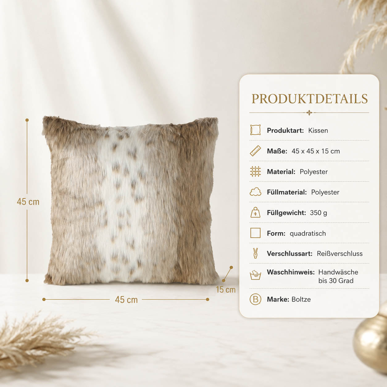 Produktdetails Kissen braun gestreift: 45x45x15 cm, Polyester, Füllung 350 g, Reißverschluss, Handwäsche bis 30 Grad