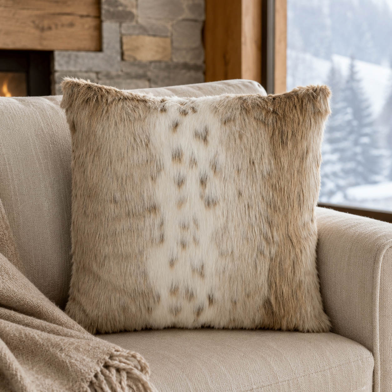 Langhaar-Kuschelkissen in Braun und Cremeweiß auf einem Sofa