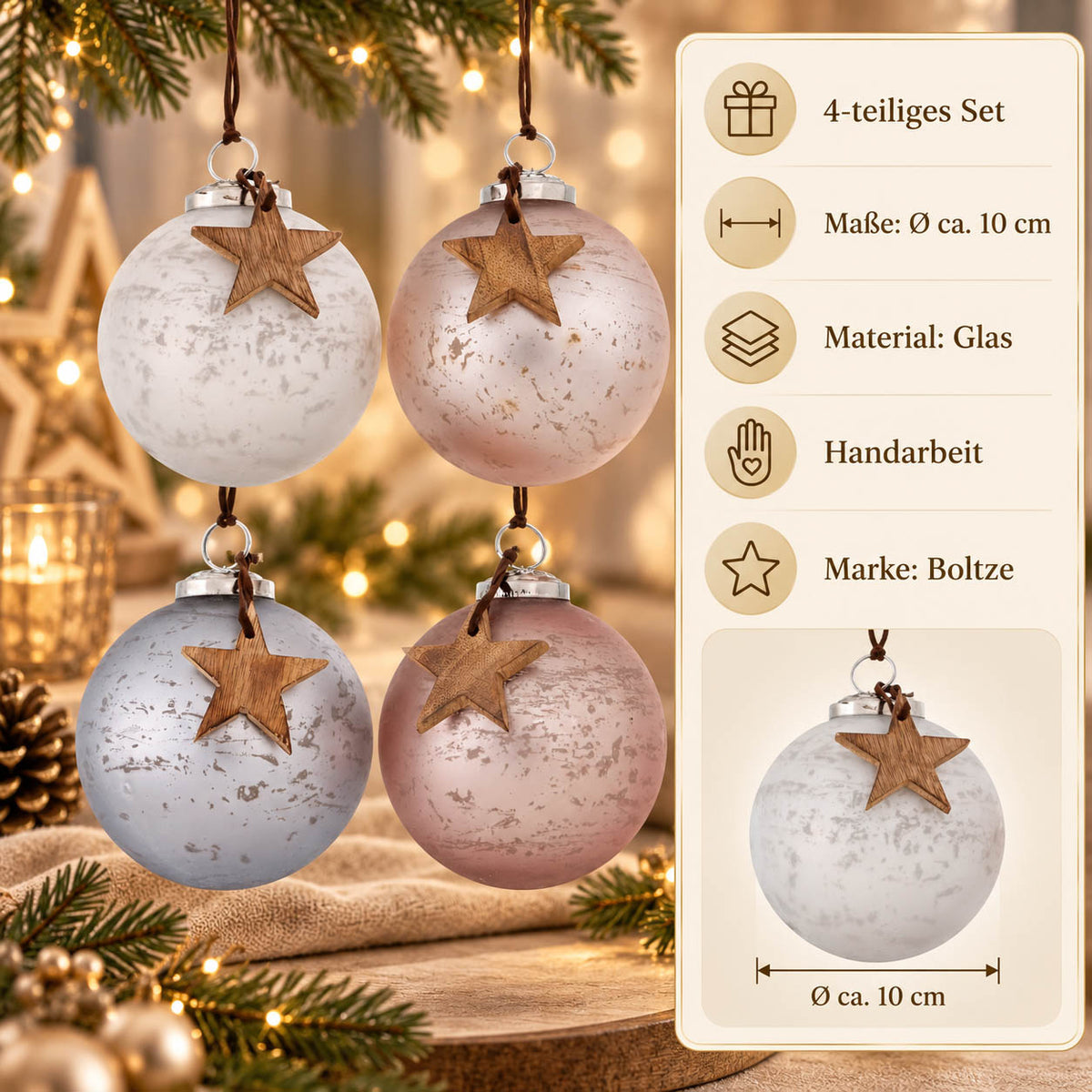 Infografik große Weihnachtskugeln „Calada“: 4-teiliges Set, Ø ca. 10 cm, Glas, Handarbeit, Marke Boltze – weiße Kugel mit Holzstern