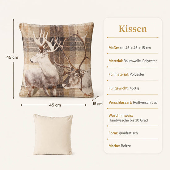 Produktdetails Kissen Hirsch rot kariert: 45x45x15 cm, Füllung 450 g, Reißverschluss, Rückseite creme