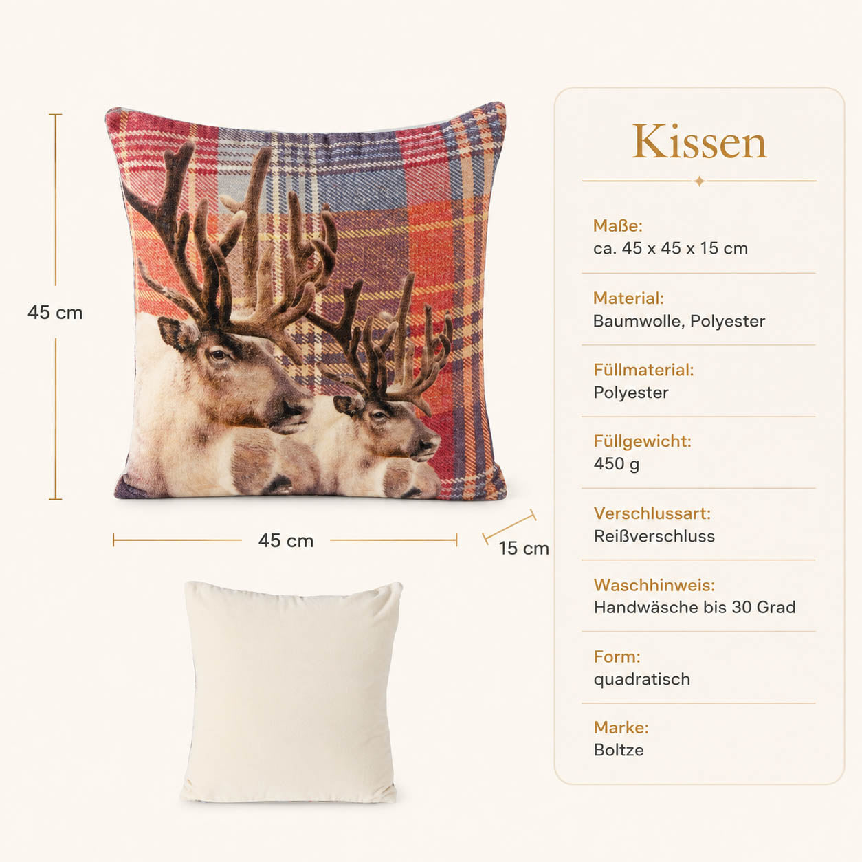 Produktdetails Kissen Hirsch braun kariert: 45x45x15 cm, Baumwolle und Polyester, Füllung 450 g, Handwäsche bis 30 Grad
