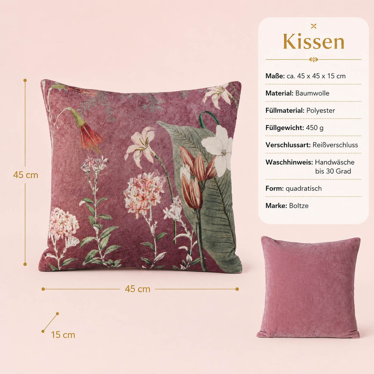 Produktdetails Sofakissen Floral rosa: 45x45x15 cm, Baumwolle, Füllung 450 g, Handwäsche bis 30 Grad