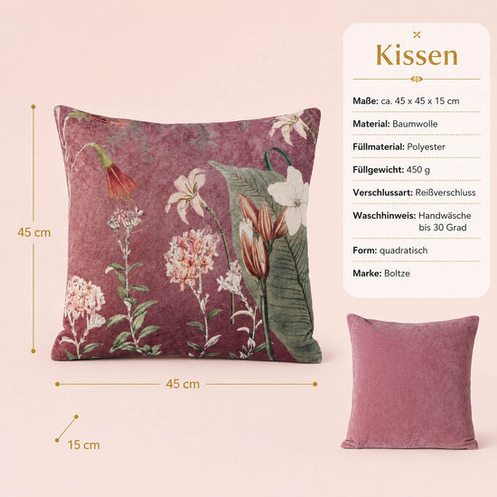 Produktdetails Sofakissen Floral rosa: 45x45x15 cm, Baumwolle, Füllung 450 g, Handwäsche bis 30 Grad