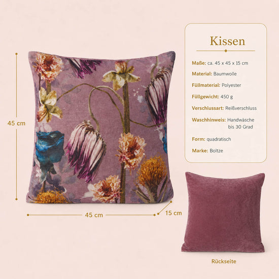 Produktdetails Sofakissen Floral weinrot: 45x45x15 cm, Baumwolle, Füllung 450 g, Rückseite einfarbig