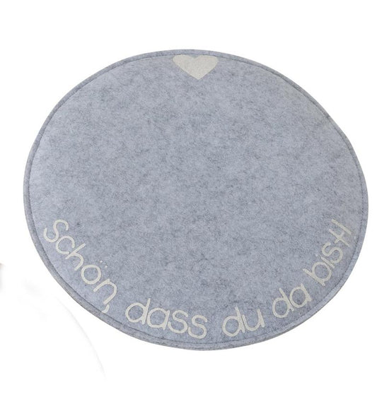Rundes Filz-Sitzkissen grau mit Spruch „Schön, dass Du da bist", Ø 35 cm