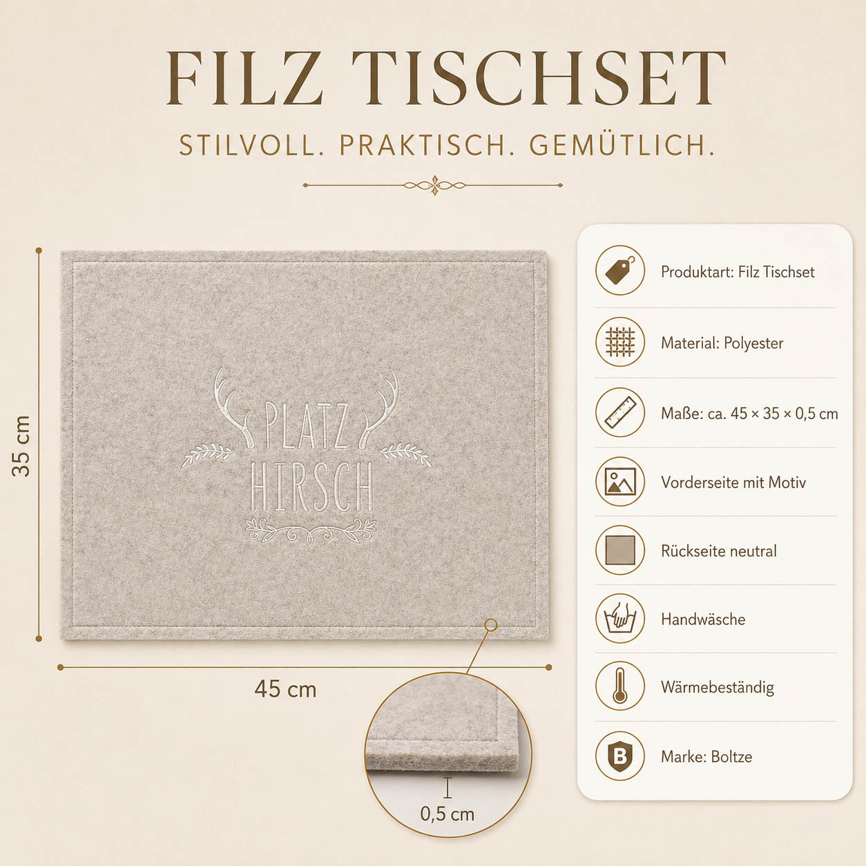 Filz Tischset „Platzhirsch“ in Beige von Boltze – 45 × 35 × 0,5 cm, Polyester, Handwäsche, wärmebeständig
