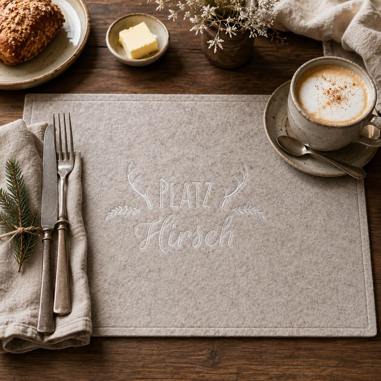 Filz Tischset „Platzhirsch“ in Beige von Boltze mit Schriftzug und Geweih