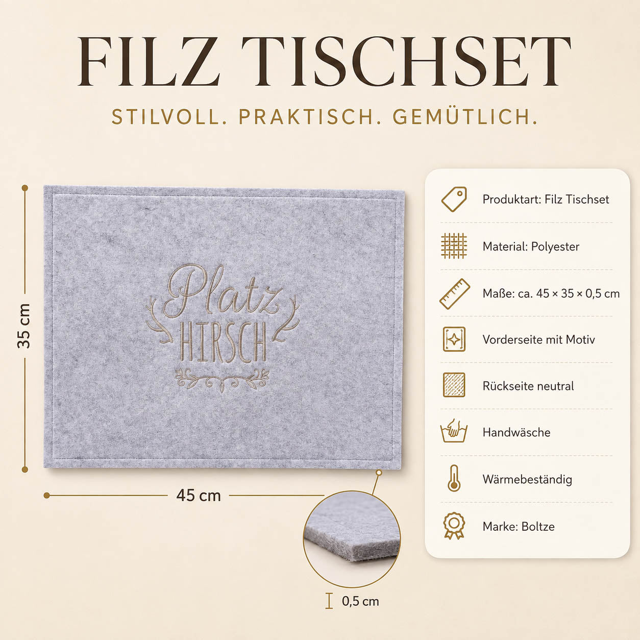 Filz Tischset „Platzhirsch“ in Grau von Boltze – 45 × 35 × 0,5 cm, Polyester, Handwäsche, wärmebeständig