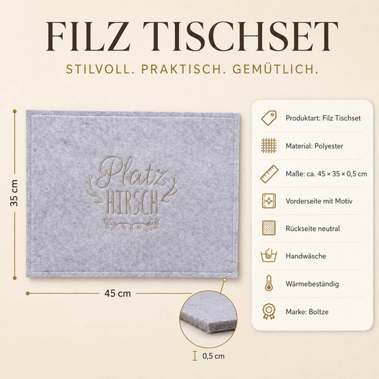 Filz Tischset „Platzhirsch“ in Grau von Boltze – 45 × 35 × 0,5 cm, Polyester, Handwäsche, wärmebeständig