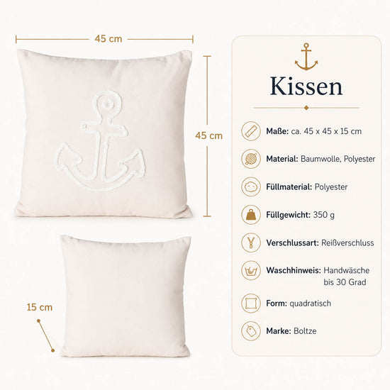 Produktdetails Kissen mit Anker creme: 45x45x15 cm, Füllung 350 g, Reißverschluss, Rückseite einfarbig