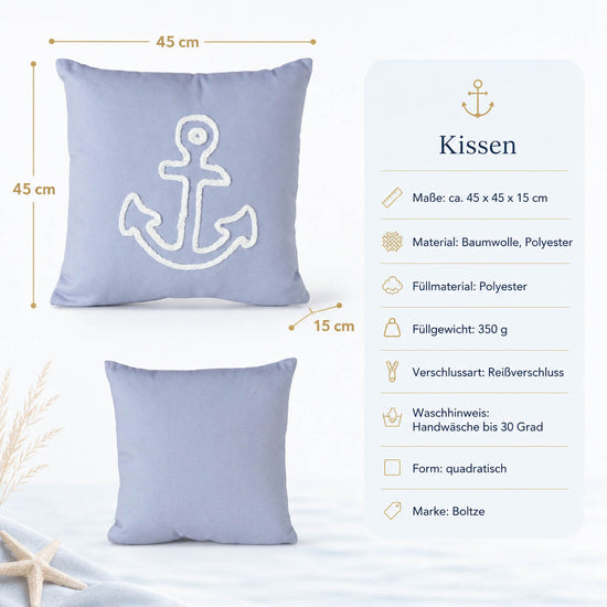 Produktdetails Kissen mit Anker hellblau: 45x45x15 cm, Baumwolle und Polyester, Füllung 350 g, Reißverschluss, Handwäsche bis 30 Grad