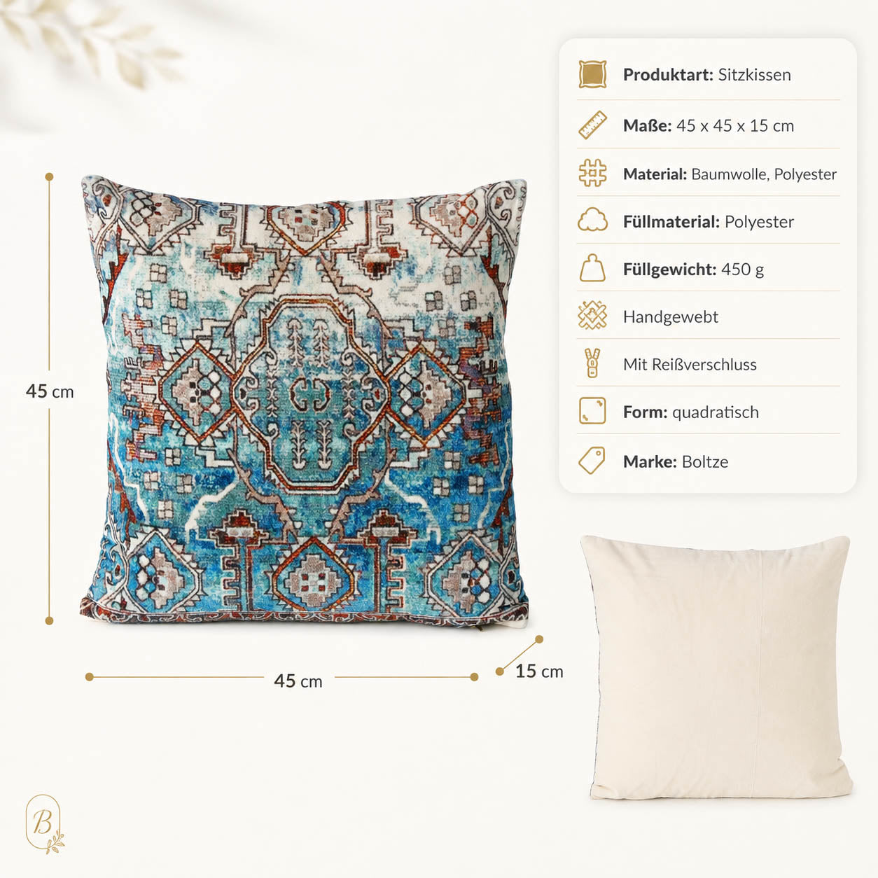 Produktdetails Kissen „Melardi“ blau: 45 x 45 x 15 cm, handgewebt, 450 g Füllung, mit Reißverschluss