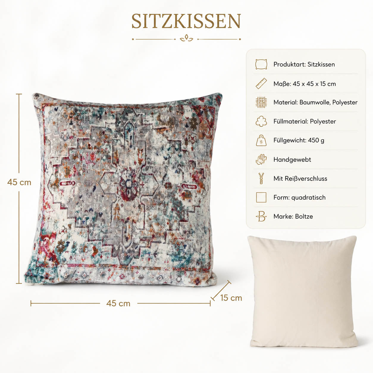 Produktdetails Kissen „Melardi“ grau: 45 x 45 x 15 cm, handgewebt, 450 g Füllung, mit Reißverschluss