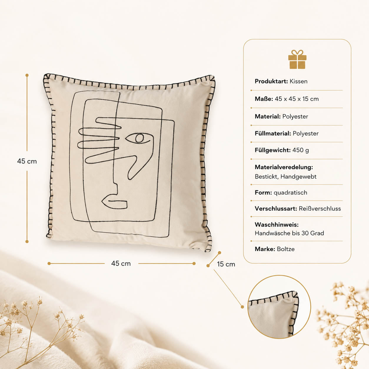 Produktdetails Kissen mit Gesicht: 45x45x15 cm, handgewebt und bestickt, Füllung 450 g, Reißverschluss, Handwäsche bis 30 Grad