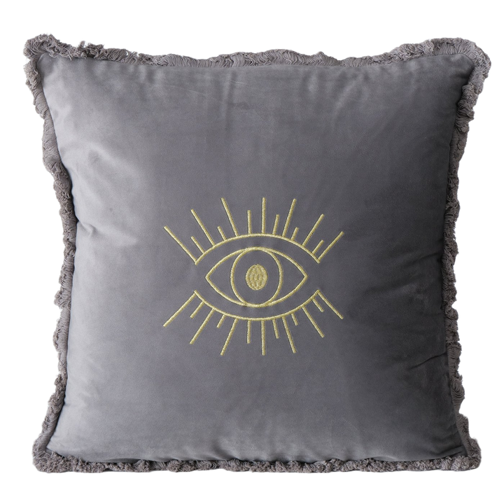 Kissen grau „Magic" mit goldenem Auge, bestickt, 45×45 cm