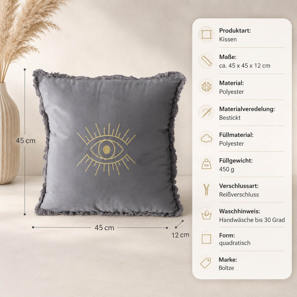 Kissen „Magic" grau – Maße und Materialangaben