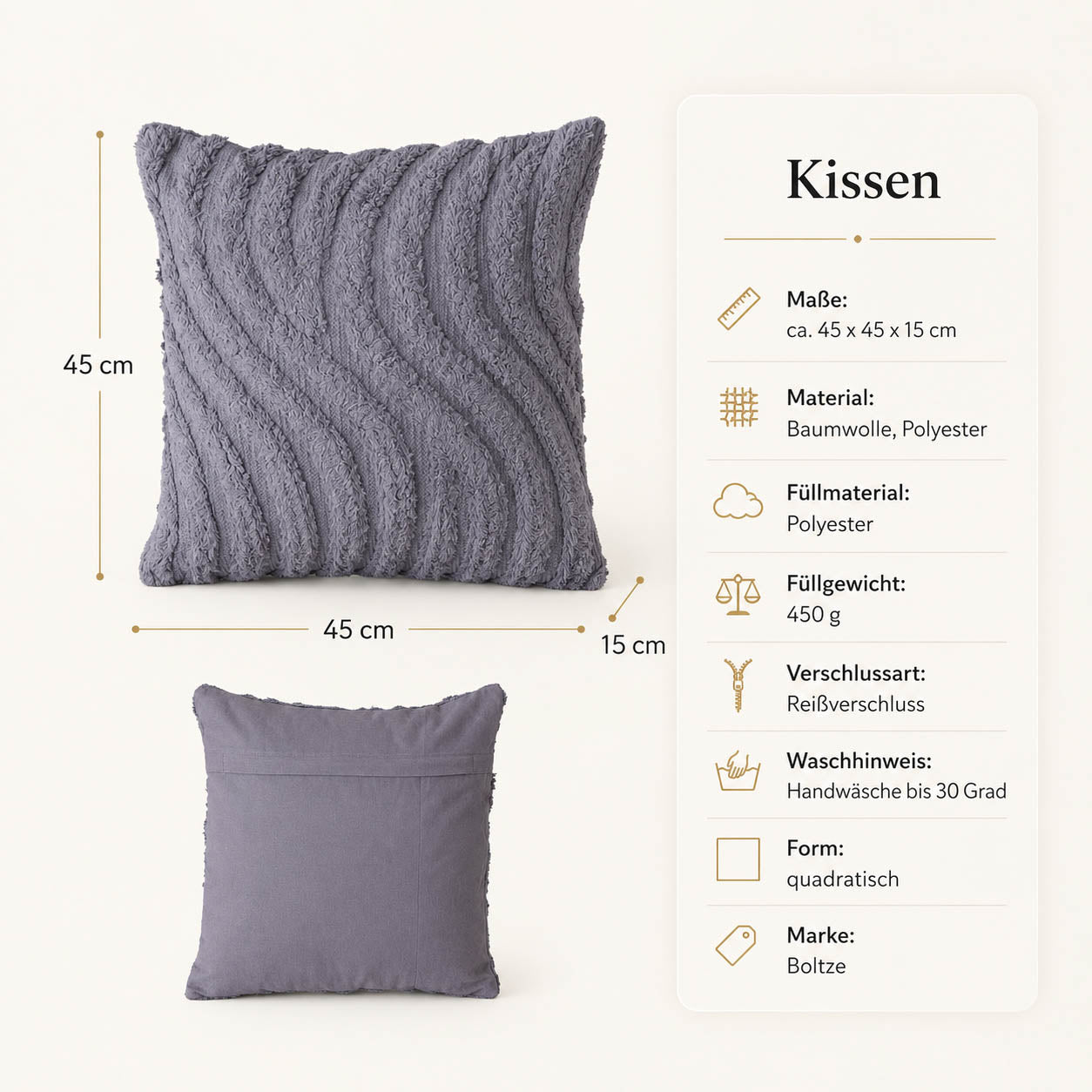 Produktdetails Sofakissen getuftet: 45x45x15 cm, Baumwolle und Polyester, Füllung 450 g, Reißverschluss, Handwäsche bis 30 Grad