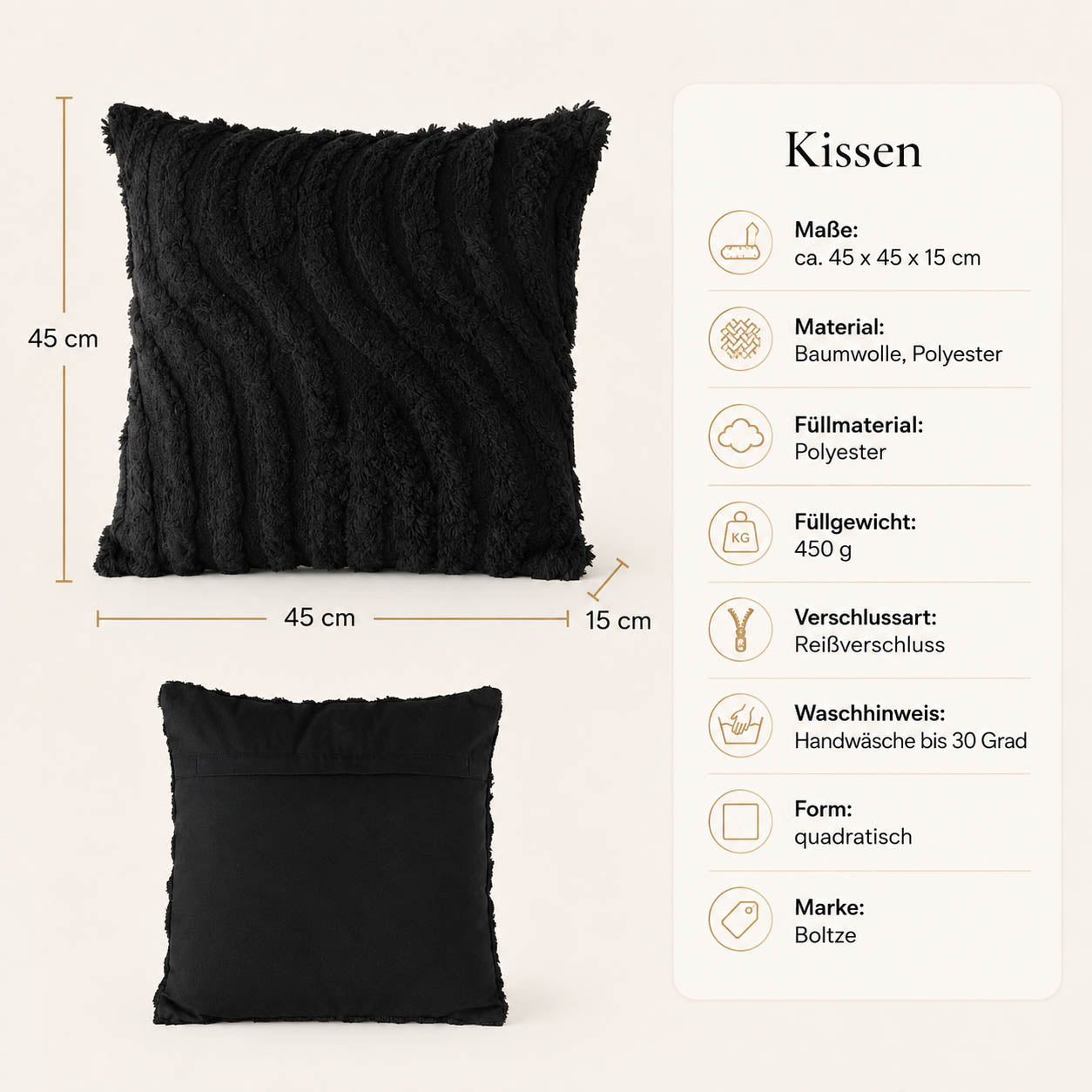 Produktdetails Sofakissen schwarz getuftet: 45x45x15 cm, Baumwolle und Polyester, Füllung 450 g