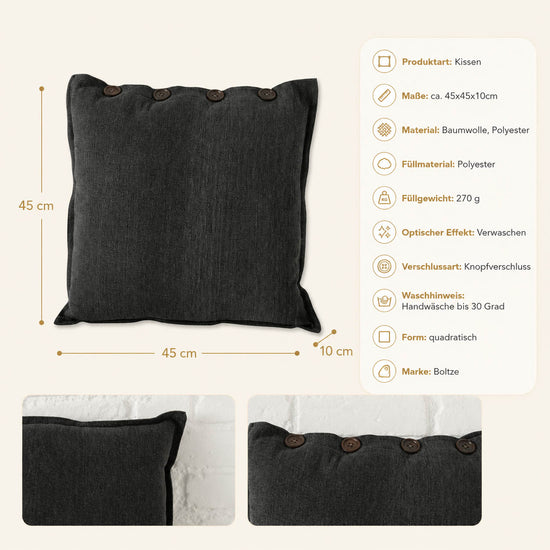 Infografik Sofakissen schwarz „Joscha“ von Boltze: Maße 45x45x10 cm, Bezug aus Baumwolle und Polyester, 270 g Polyesterfüllung, Knopfverschluss, Handwäsche bis 30 Grad