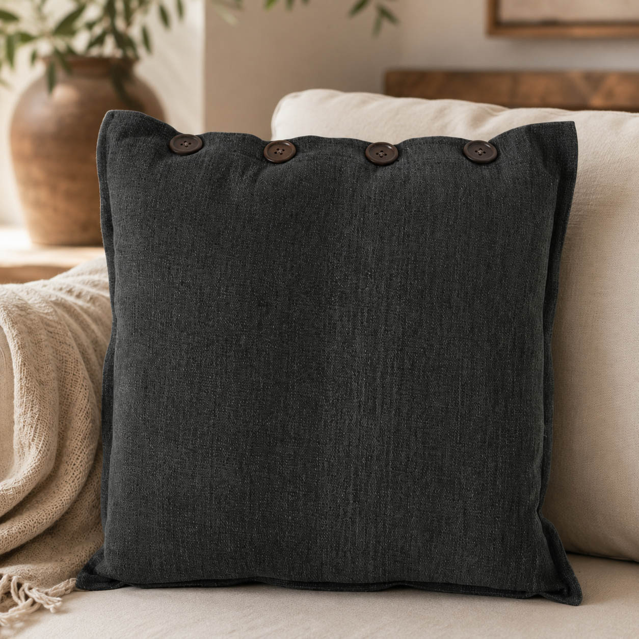 Sofakissen schwarz „Joscha“ von Boltze auf einem cremefarbenen Sofa, dunkle Knöpfe an der Oberkante, daneben eine Strickdecke und eine Tonvase