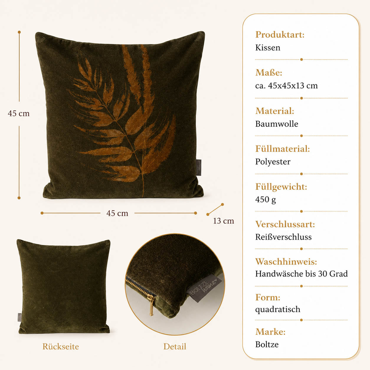 Infografik Samtkissen „Farno“ grün: Maße 45x45x13 cm, Baumwolle, 450 g Polyesterfüllung, Reißverschluss, Handwäsche bis 30 Grad