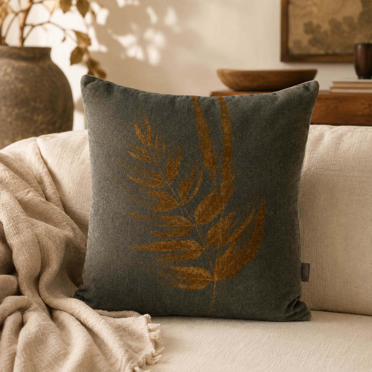 Samtkissen „Farno“ khaki mit kupferfarbenem Farnmotiv von Boltze, 45x45 cm