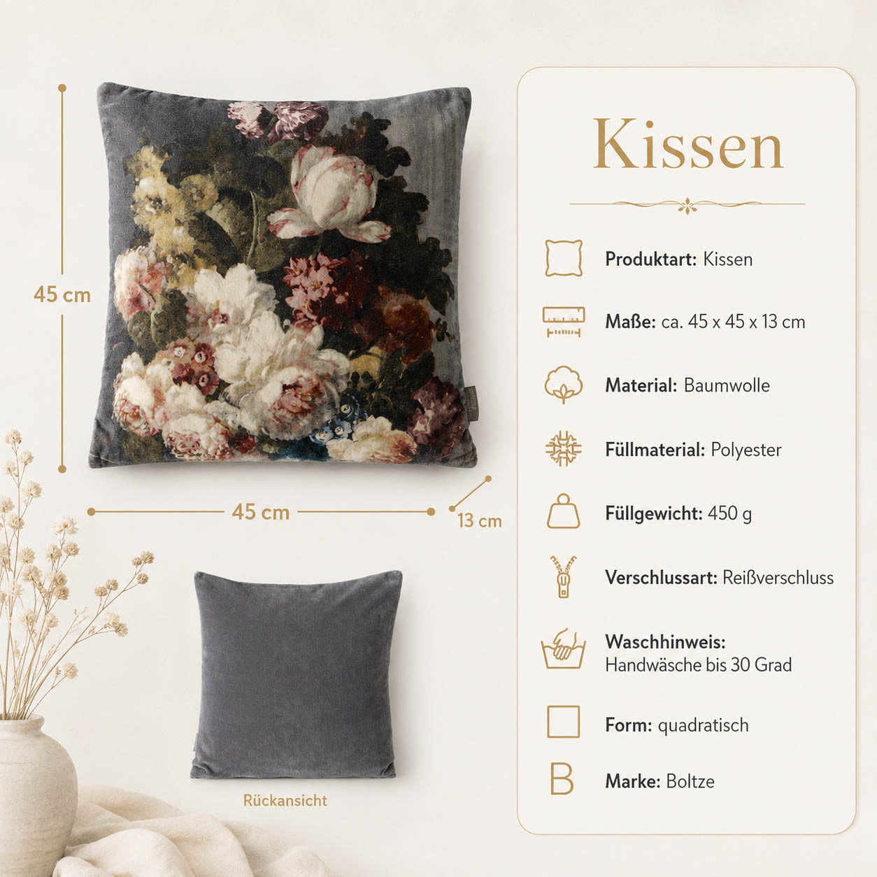 Produktdetails Dekokissen dunkelgrau: 45x45x13 cm, Baumwolle, Füllung 450 g, Handwäsche bis 30 Grad