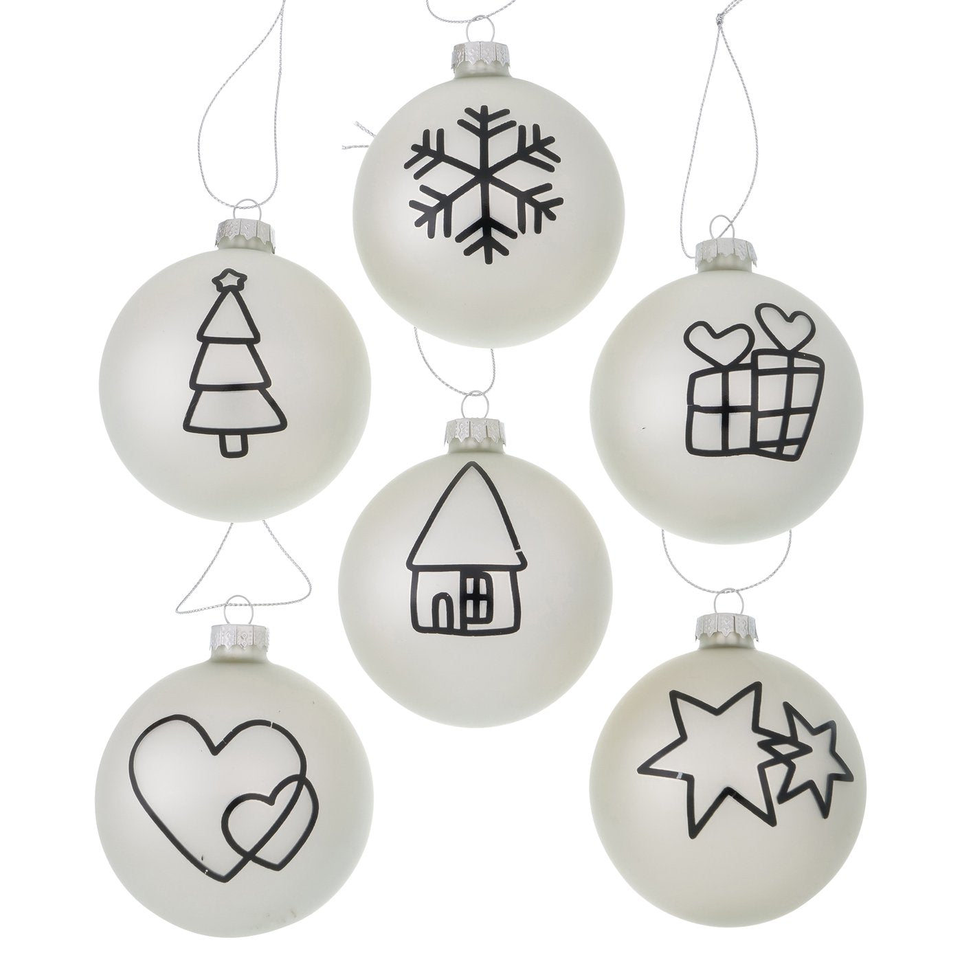 12-tlg. Weihnachtskugeln „Matti“ von Boltze, Ø 8 cm, Weiß Silber matt mit schwarzen Motiven: Stern, Herz, Geschenke & Baum
