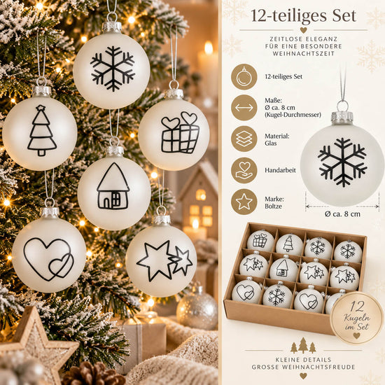 Weihnachtskugeln weiß schwarz Ø 8 cm – Matti 12er
