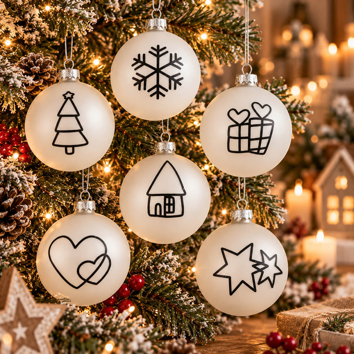 Weihnachtskugeln „Matti“ Ø 8 cm weiß matt mit schwarzen Linienmotiven – Schneeflocke, Tanne, Geschenke, Haus, Herzen, Sterne – am Baum, darunter die Box mit 12 Fächern, Boltze