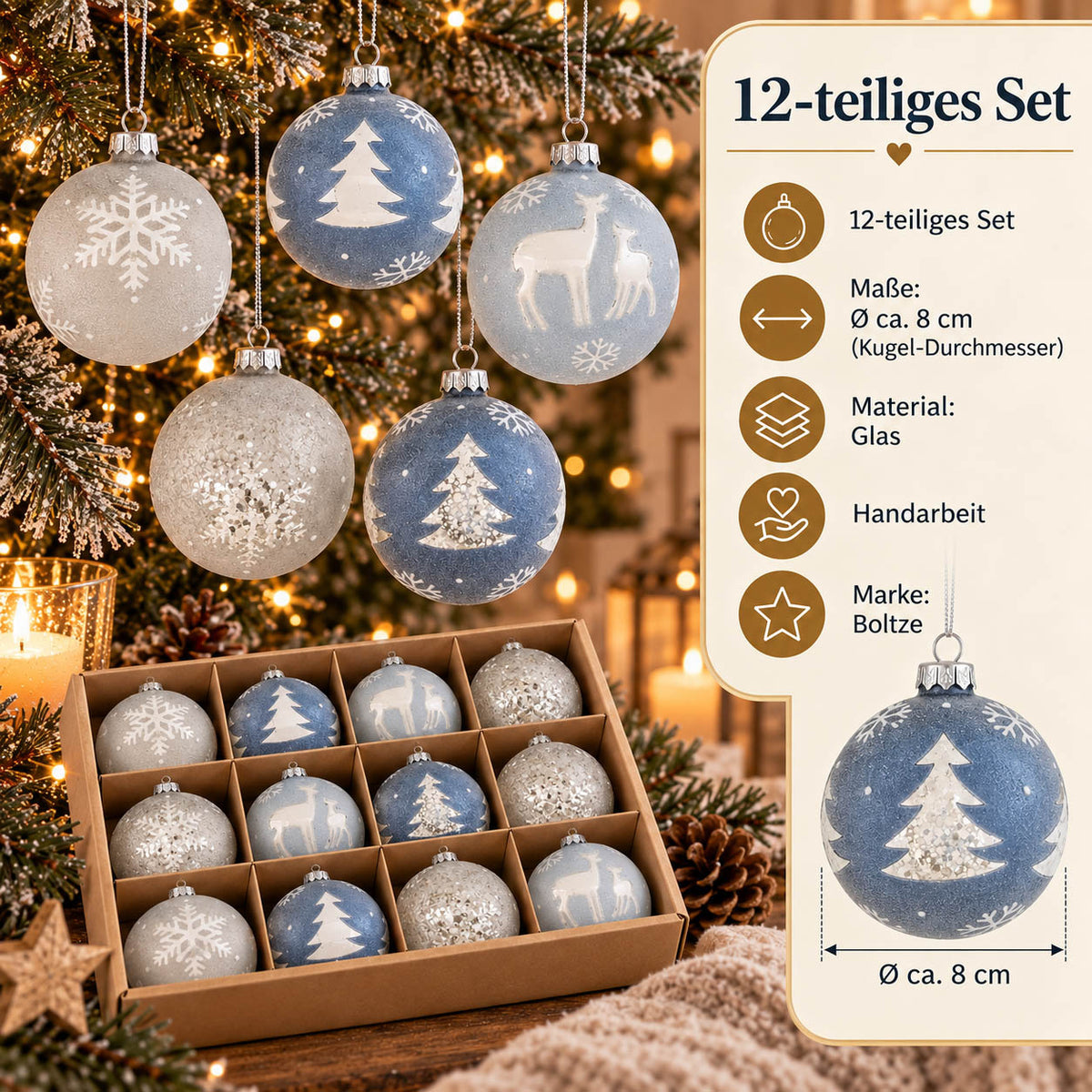 Infografik Weihnachtskugeln „Nevis“: 12-teiliges Set, Ø ca. 8 cm, Glas, Handarbeit, Marke Boltze – blaue Kugel mit Pailletten-Tanne