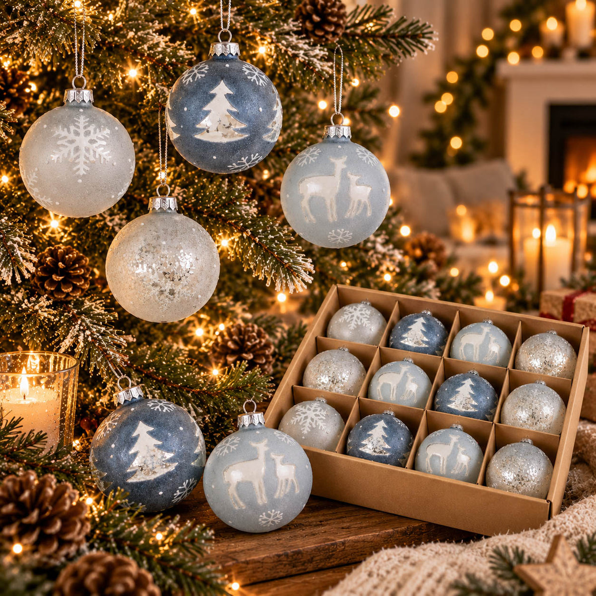 Weihnachtskugeln „Nevis“ Ø 8 cm in Blau, Hellblau und Grau mit Tanne, Hirsch, Schneeflocke und Pailletten am Weihnachtsbaum, darunter die Box mit 12 Fächern – Glas, Boltze