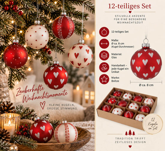 Infografik Glas-Weihnachtskugeln „Herzilein“: 12-teiliges Set, Ø ca. 8 cm, Glas, Handarbeit – jede Kugel ein Unikat, Marke Boltze, Box mit 12 Fächern