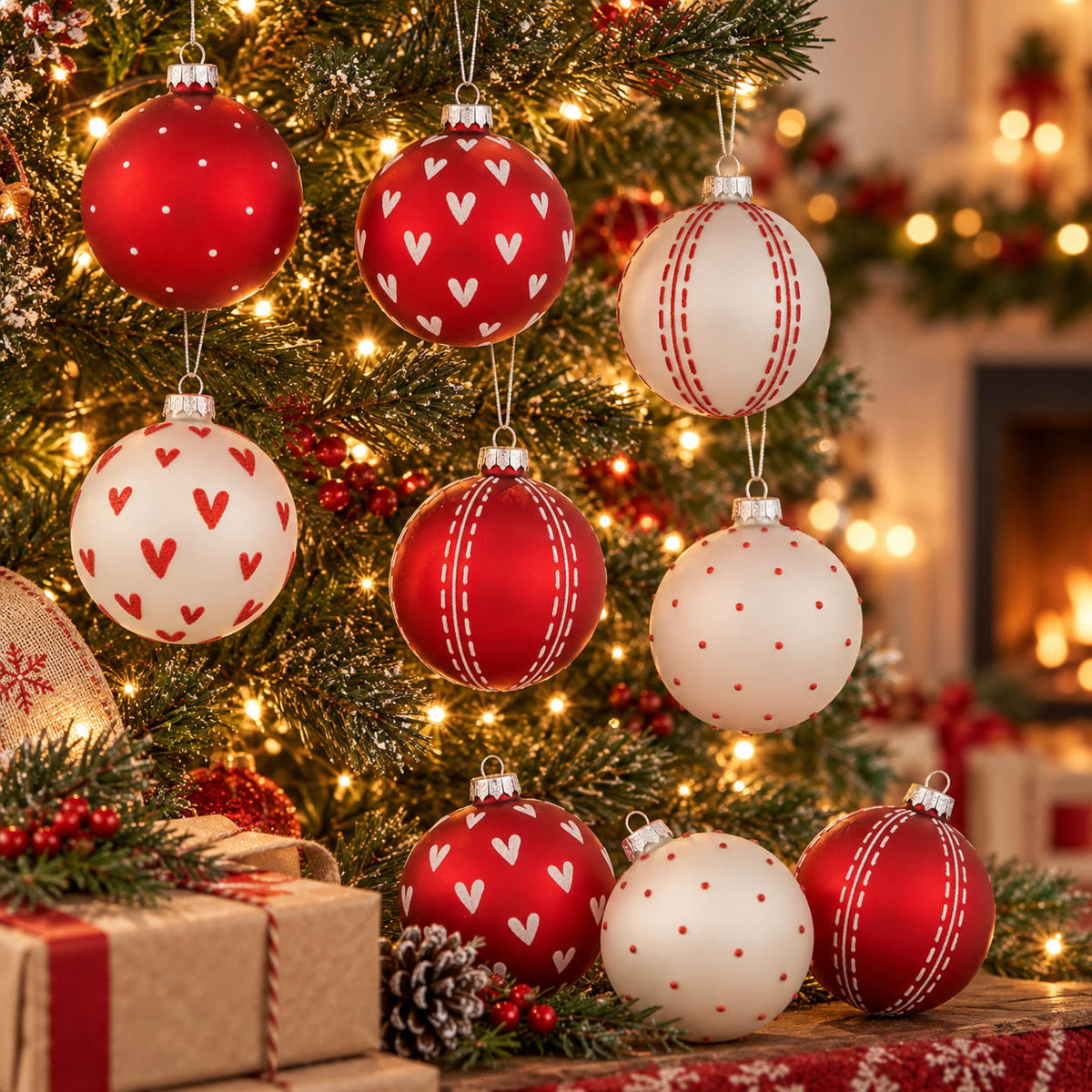 Glas-Weihnachtskugeln „Herzilein“ Ø 8 cm mit Herzen, Punkten und Stickstreifen in Rot und Weiß am geschmückten Weihnachtsbaum und in der Holzschale – Boltze