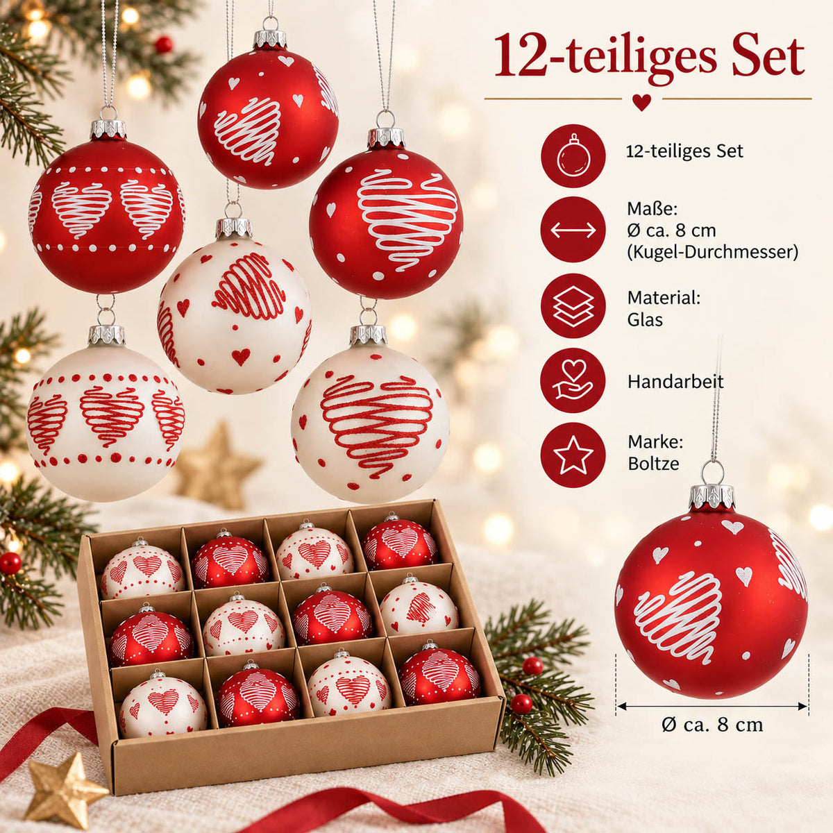 Infografik Weihnachtskugeln „Ladina“: 12-teiliges Set, Ø ca. 8 cm, Glas, Handarbeit, Marke Boltze – rote Kugel mit weißem Kritzelherz