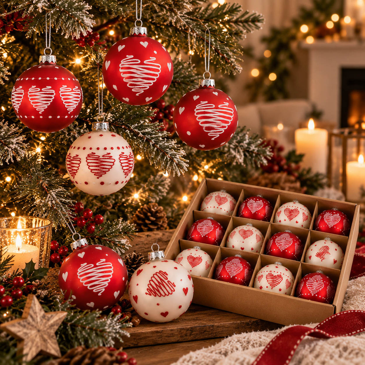 Weihnachtskugeln „Ladina“ Ø 8 cm in Rot und Weiß mit gezeichneten Glitzerherzen und Punkten am Tannenzweig, darunter die Box mit 12 Fächern – Glas, Handarbeit, Boltze