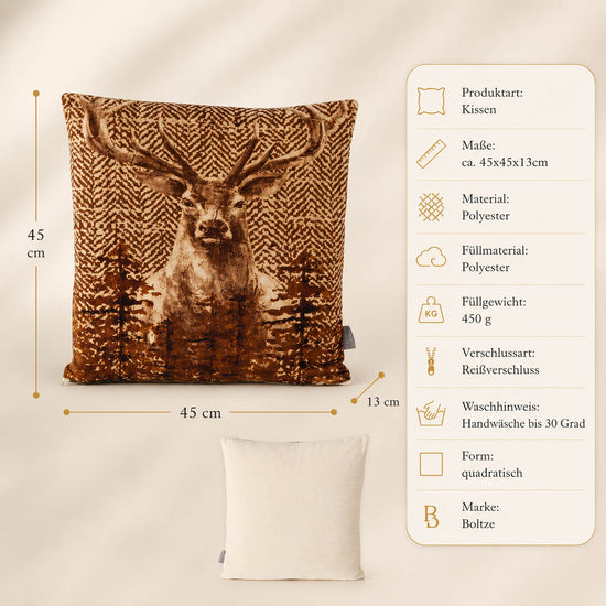 Produktdetails Kissen Hirsch braun: 45x45x13 cm, Polyester, Füllung 450 g, Reißverschluss, Handwäsche bis 30 Grad