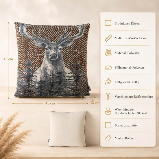 Produktdetails Kissen Hirsch grau: 45x45x13 cm, Polyester, Füllung 450 g, Rückseite creme