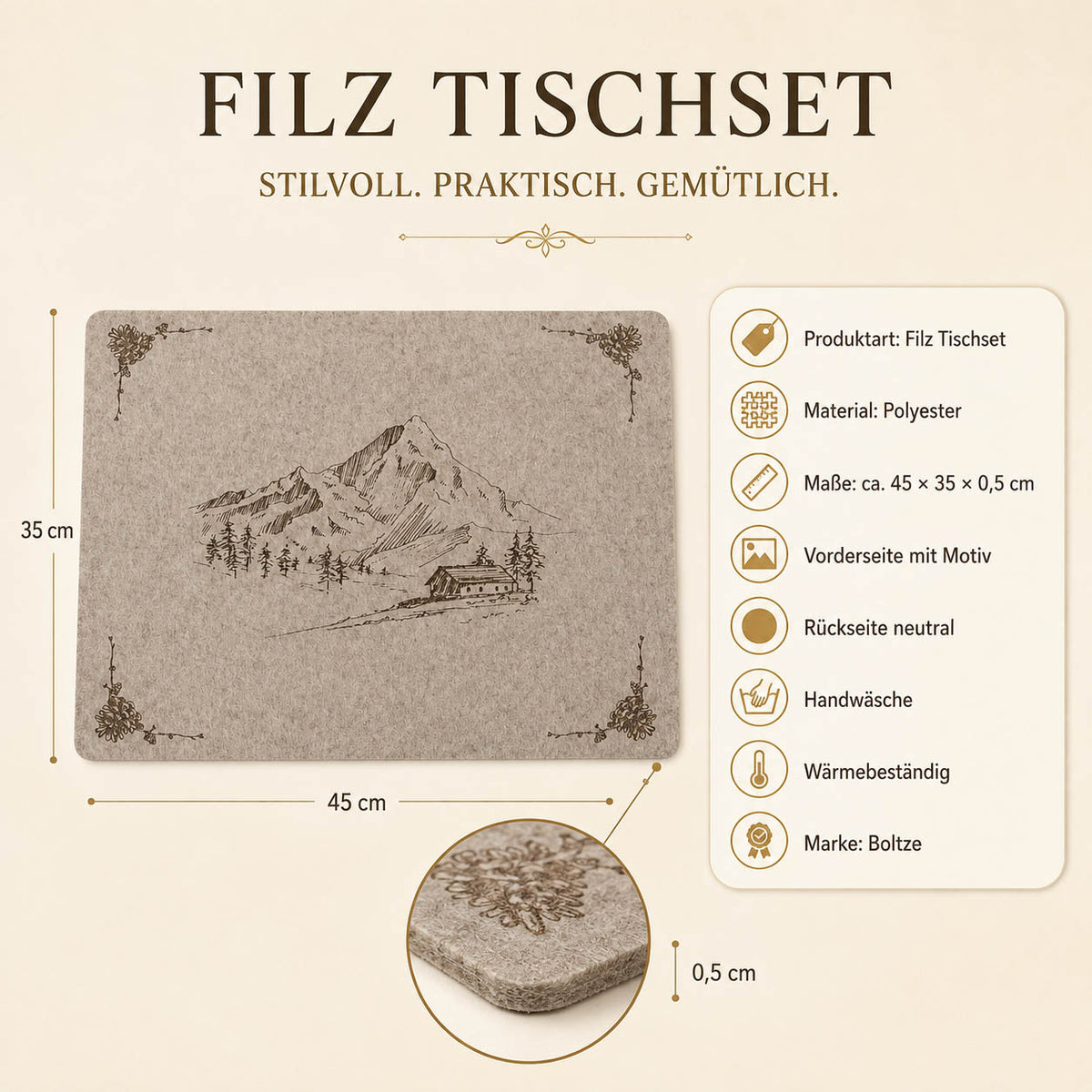 Filz Tischset „Kitzbühel“ dunkel mit Almhütte und Bergmotiv in Braun – 45 × 35 × 0,5 cm, Polyester, Handwäsche
