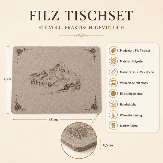Filz Tischset „Kitzbühel“ dunkel mit Almhütte und Bergmotiv in Braun – 45 × 35 × 0,5 cm, Polyester, Handwäsche