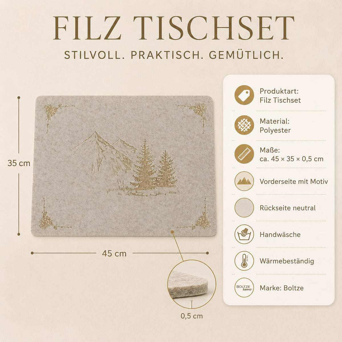 Filz Tischset „Kitzbühel“ hell mit Tannen und Bergmotiv in Gold – 45 × 35 × 0,5 cm, Polyester, Handwäsche