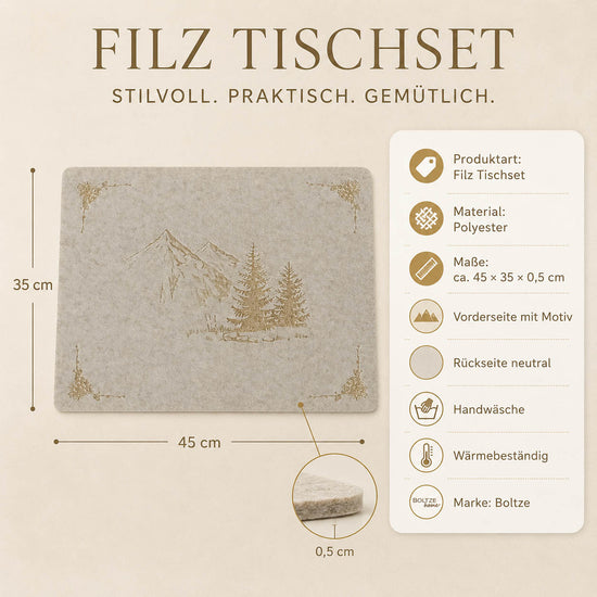Filz Tischset „Kitzbühel“ hell mit Tannen und Bergmotiv in Gold – 45 × 35 × 0,5 cm, Polyester, Handwäsche