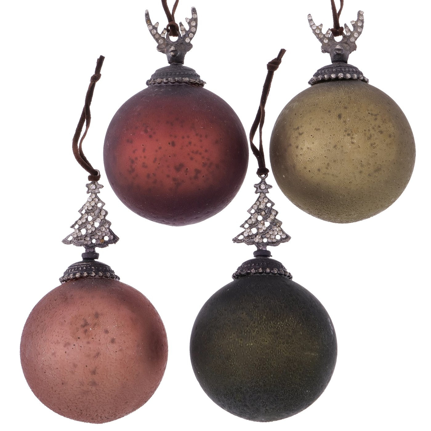 Glas-Weihnachtskugeln „Telfi“ von Boltze, 4er Set, Ø 8 cm, Handbemalt in antikem Rotbraun, Braun, Grün & Rosa mit Hirschkopf- & Baumaufsatz