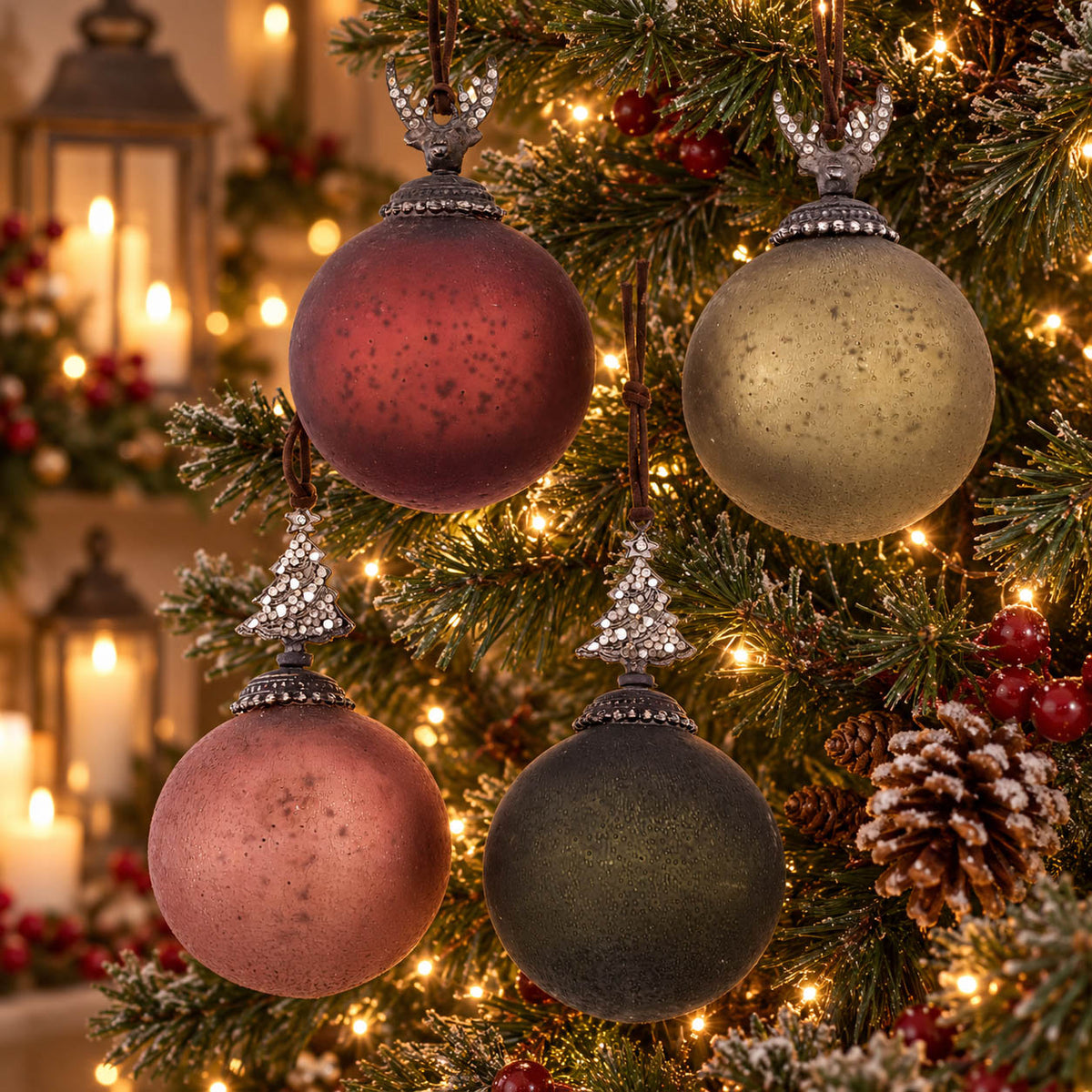 Weihnachtskugeln „Telfi“ Ø 8 cm, Höhe 14 cm, in Antikrot, Olivgrün, Rosé und Dunkelgrün mit Strass-Aufsätzen Hirschkopf und Tannenbaum – 4er Set, Glas, Boltze