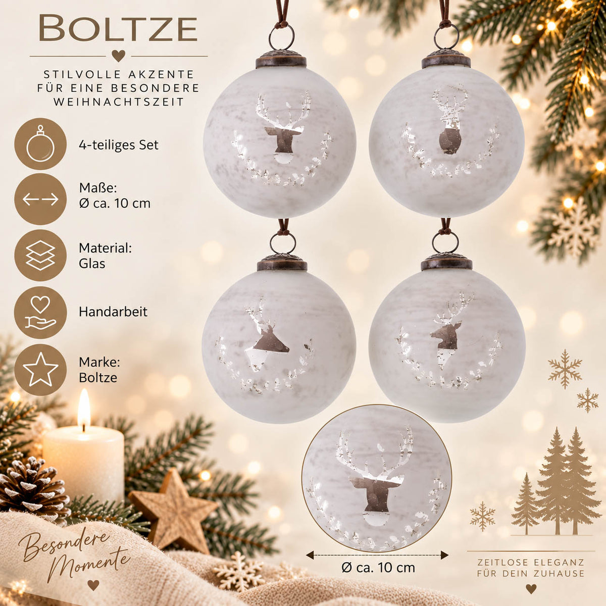 Infografik Weihnachtskugeln „Reinja“: 4-teiliges Set, Ø ca. 10 cm, Glas, Handarbeit, Marke Boltze – weiße Kugel mit Hirschkopf
