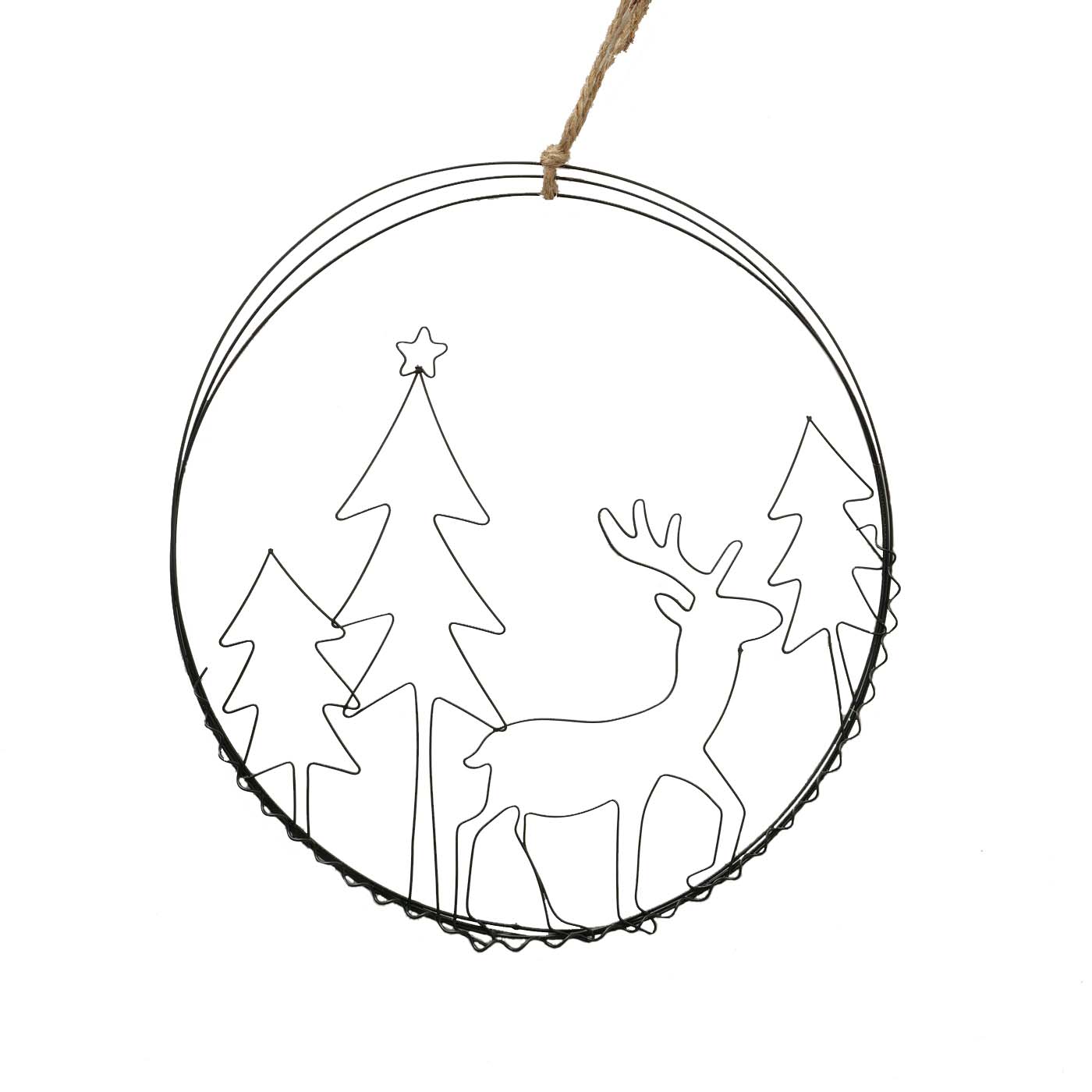 Runder Deko-Hänger Ø 30 cm aus schwarzem Metalldraht von Boltze. Mit Motiv: Hirsch – stilvolle Weihnachtsdeko aus Eisen.