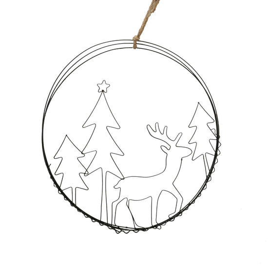 Runder Deko-Hänger Ø 30 cm aus schwarzem Metalldraht von Boltze. Mit Motiv: Hirsch – stilvolle Weihnachtsdeko aus Eisen.