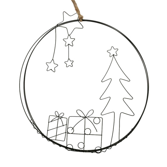 Runder Deko-Hänger Ø 30 cm aus schwarzem Metalldraht von Boltze. Mit Motiven: Geschenke – stilvolle Weihnachtsdeko aus Eisen.