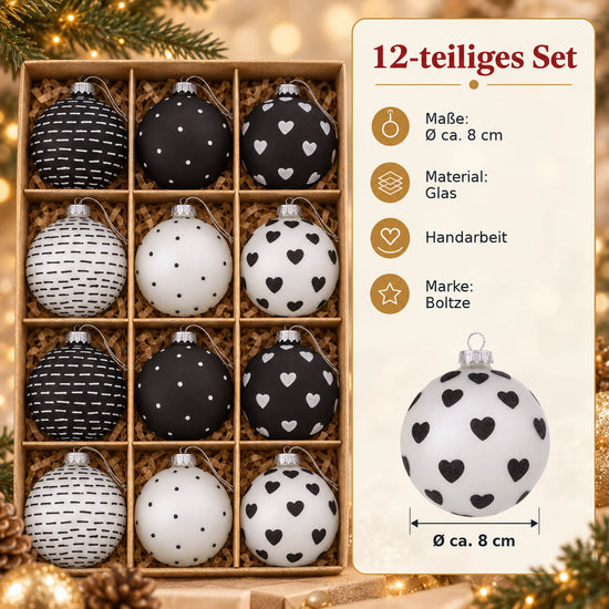 Infografik Weihnachtskugeln „Illum“ schwarz-silberweiß: 12-teiliges Set, Ø ca. 8 cm, Glas, Handarbeit, Marke Boltze – weiße Kugel mit schwarzen Herzen